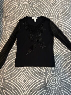 Valenti Vintage Black Embellished Mesh Sleeve Women's Top
